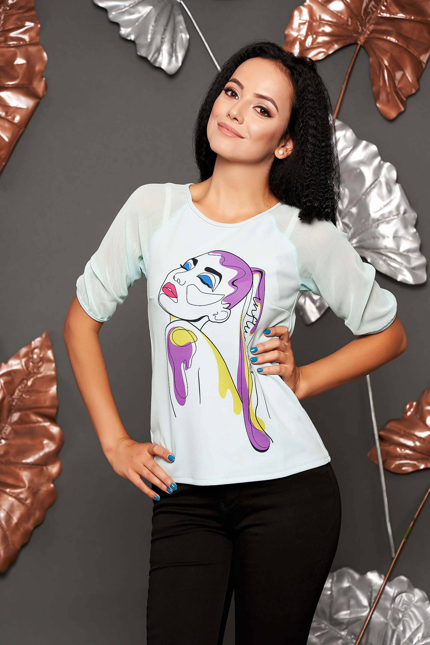 Mint StarShinerS women`s blouse with graphic details casual flared with 3/4 sleeves with veil sleeves
